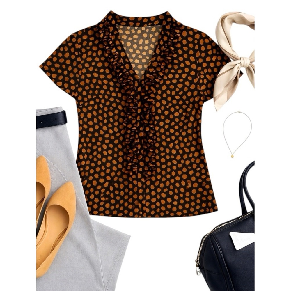St John Silk Leopard Print Blouse Black Bronze Ruffle Neck Designer Size 6 EUC